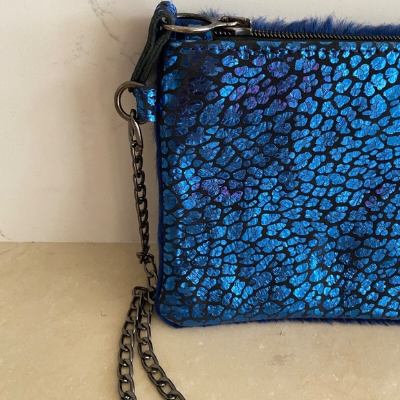 ETUI London Blue Leather Party Fur Foiled Print Clutch/Crossbody Shoulder Purse - Picture 6 of 6